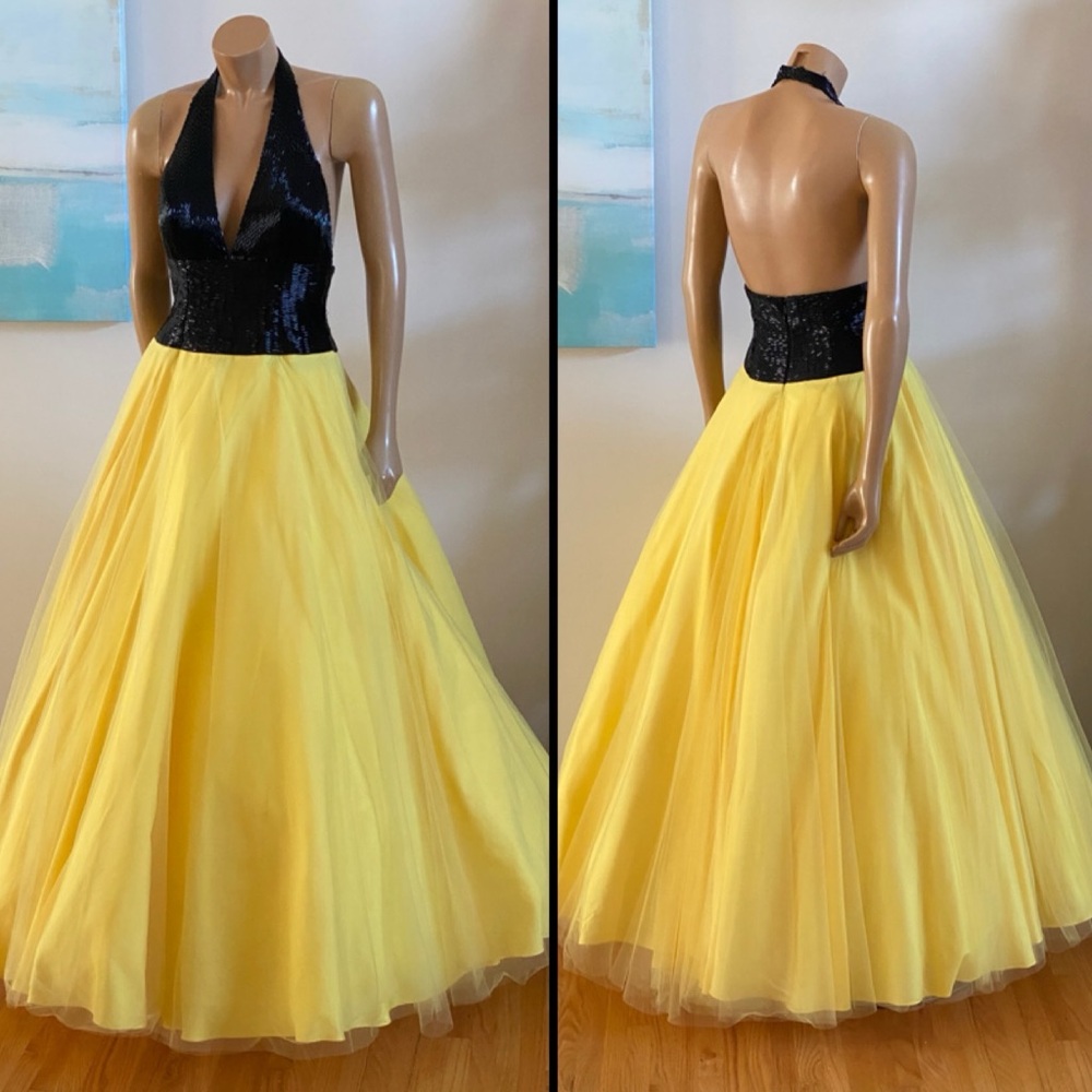 Tiffany Designs Yellow Backless Halter Prom Gown